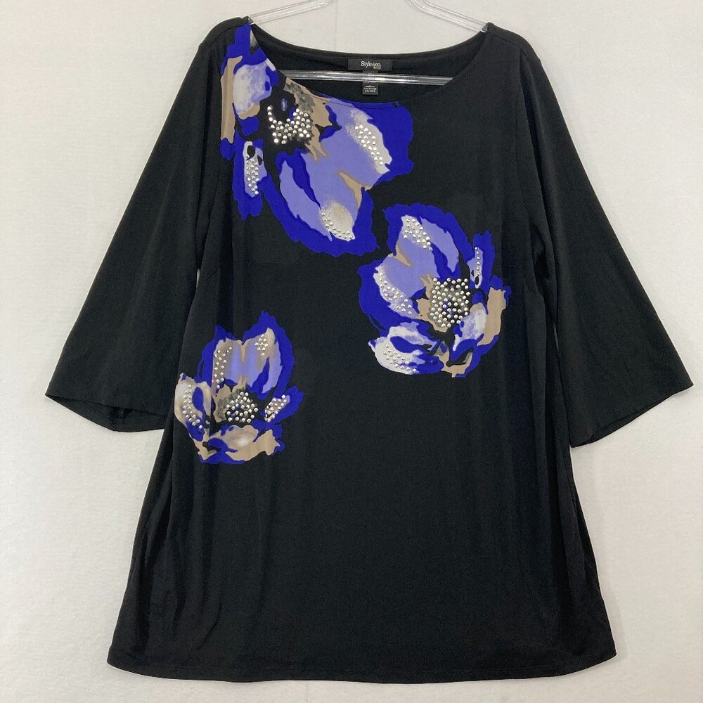 Style & Co‎ Top size 2X Black Blue Floral Stretch Knit Elegant Office Blouse